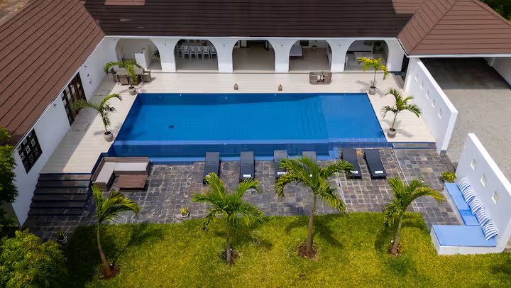 Drone shot of property and pool